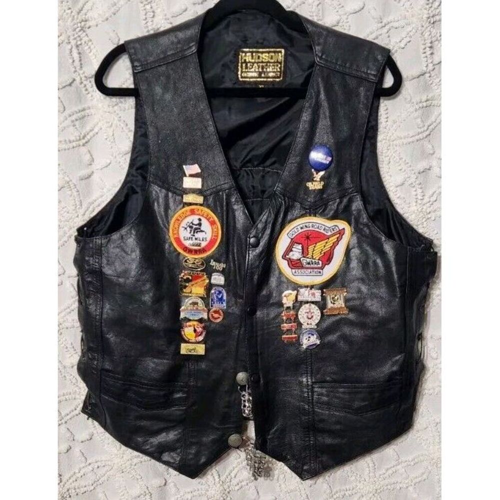 Vintage Leather Motorcycle Vest Mens‎ XL Patches Pins Honda Gold Wing GWRRA
